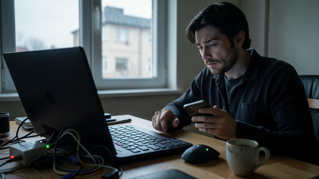 Un homme assis à un bureau utilise son téléphone avec une expression inquiète, devant un ordinateur portable et une souris.
