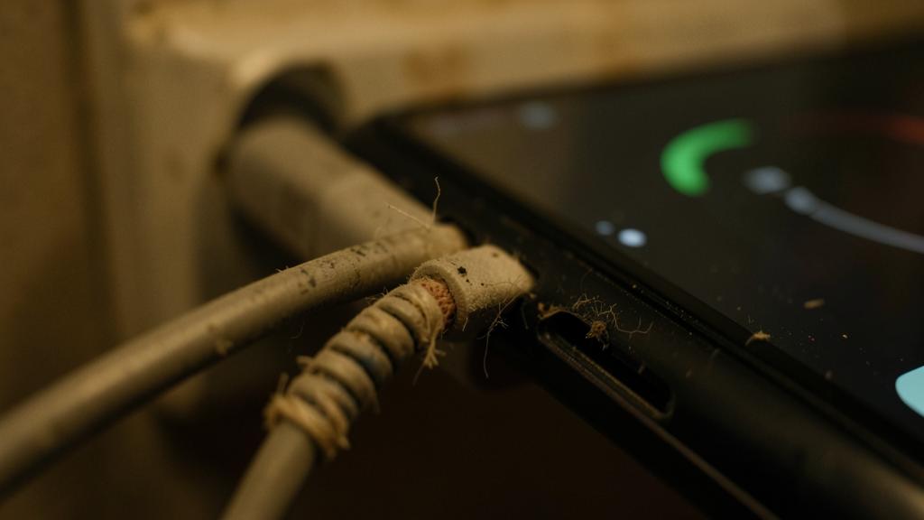 Ein abgenutztes und schmutziges Ladekabel, das an ein Smartphone mit grünem Ladeicon angeschlossen ist.