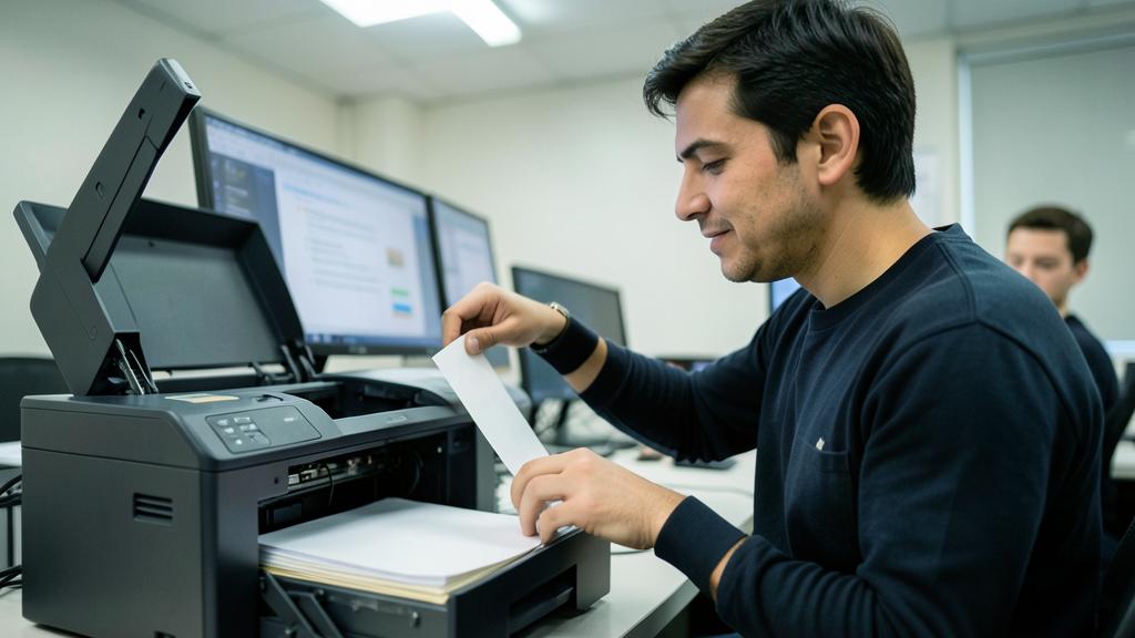 Un hombre está cargando una hoja de papel en una impresora multifuncional en una oficina.