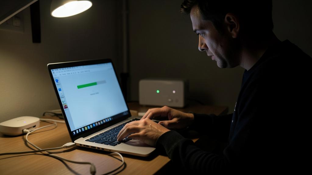 A man is using a laptop in a dimly lit room, with the screen displaying a progress bar.