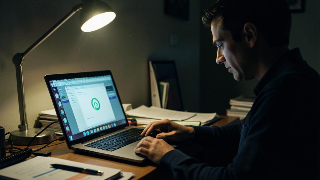 Un homme utilise un ordinateur portable dans une pièce faiblement éclairée, éclairé par une lampe de bureau.