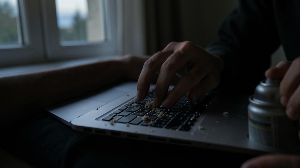 A person types on a crumb-covered laptop keyboard, with a can of compressed air nearby.