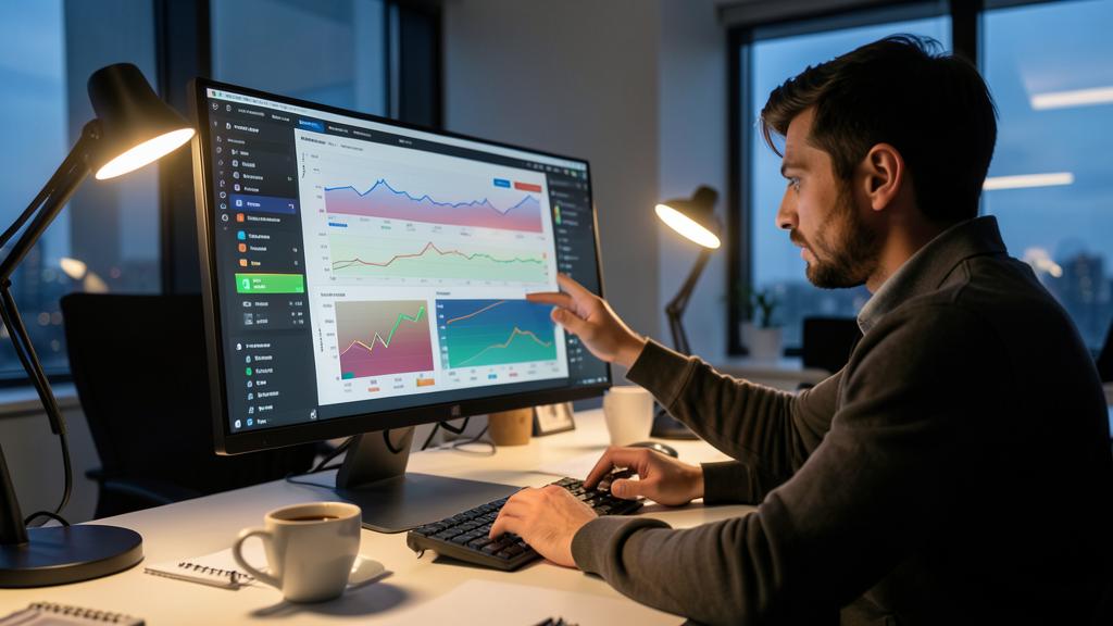 A man reviews graphs on a computer screen in an office.