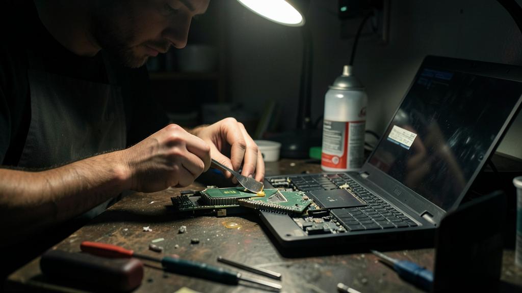 A man is repairing the internal components of a laptop.