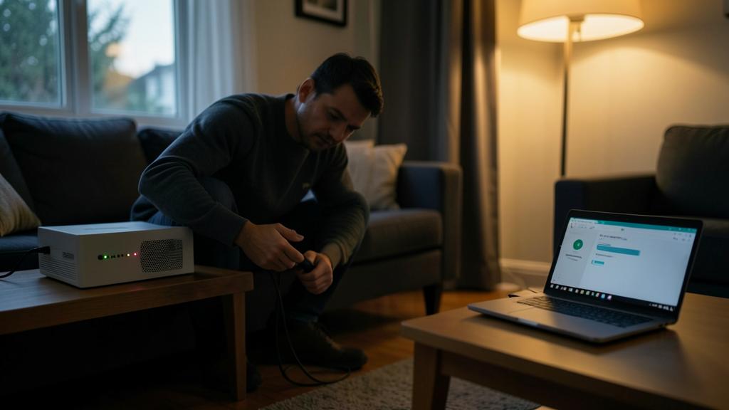 Ein Mann verbindet ein Kabel mit einem weißen WLAN-Router auf einem Couchtisch, während ein Laptop eine Netzwerkstatusseite anzeigt.