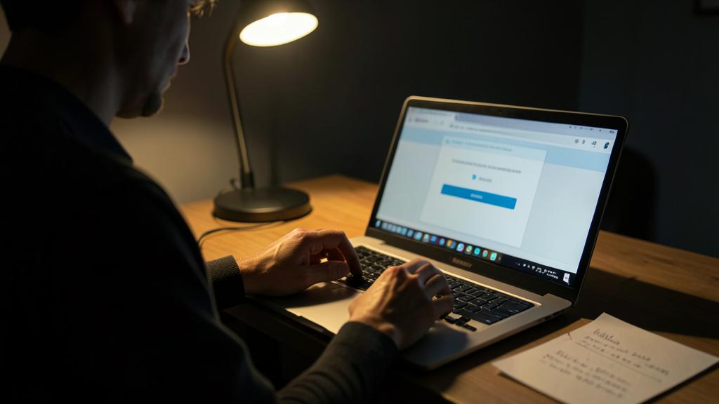 Une personne utilise un ordinateur portable dans une pièce faiblement éclairée, avec une page web affichant un bouton bleu.