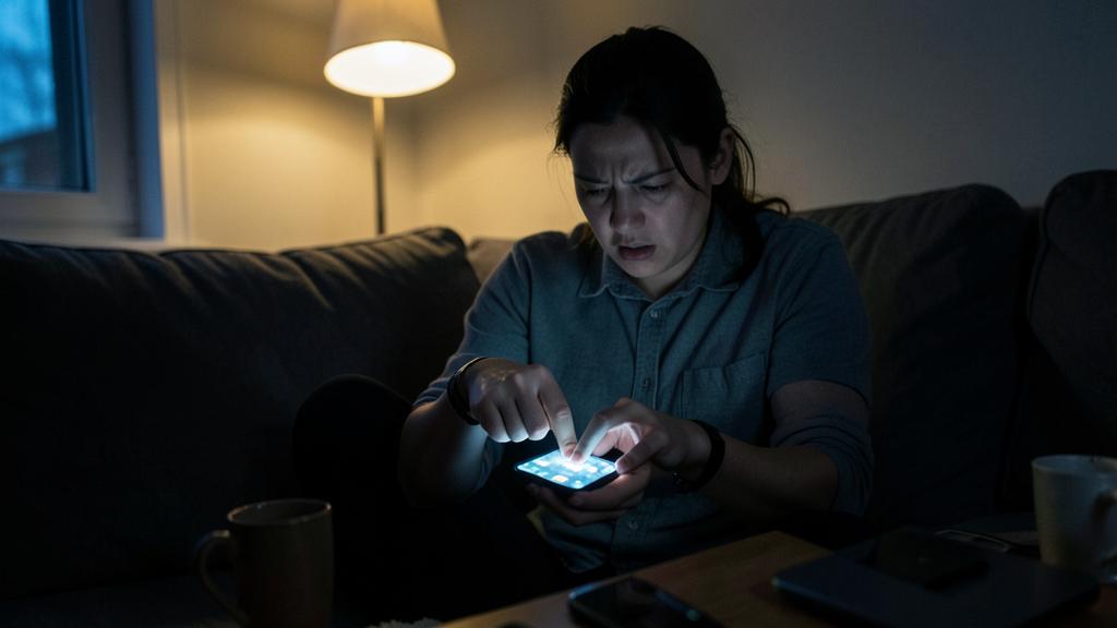 Une femme assise sur un canapé dans une pièce faiblement éclairée, frustrée par son smartphone.