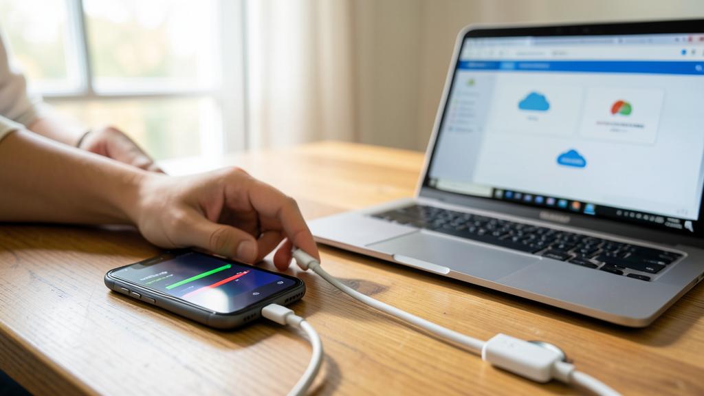 Une personne transfère des données d'un smartphone à un ordinateur portable avec un câble.