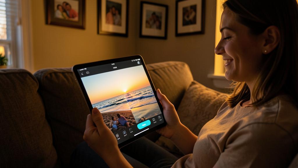 Une femme sourit en consultant une photo de coucher de soleil sur une tablette avec des outils d'édition visibles.