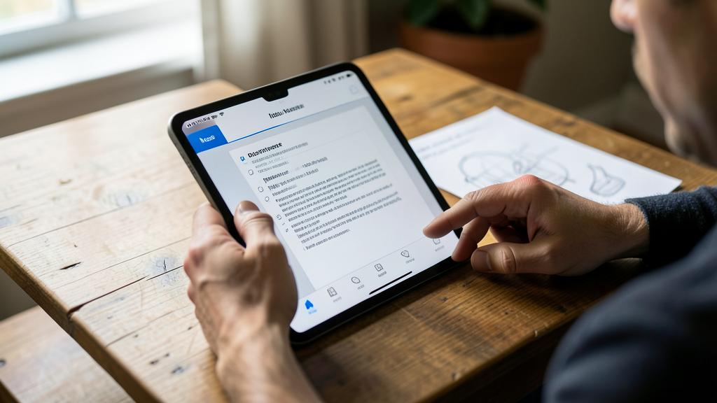 Une personne utilise une tablette affichant l'application Notes avec une liste et du texte.
