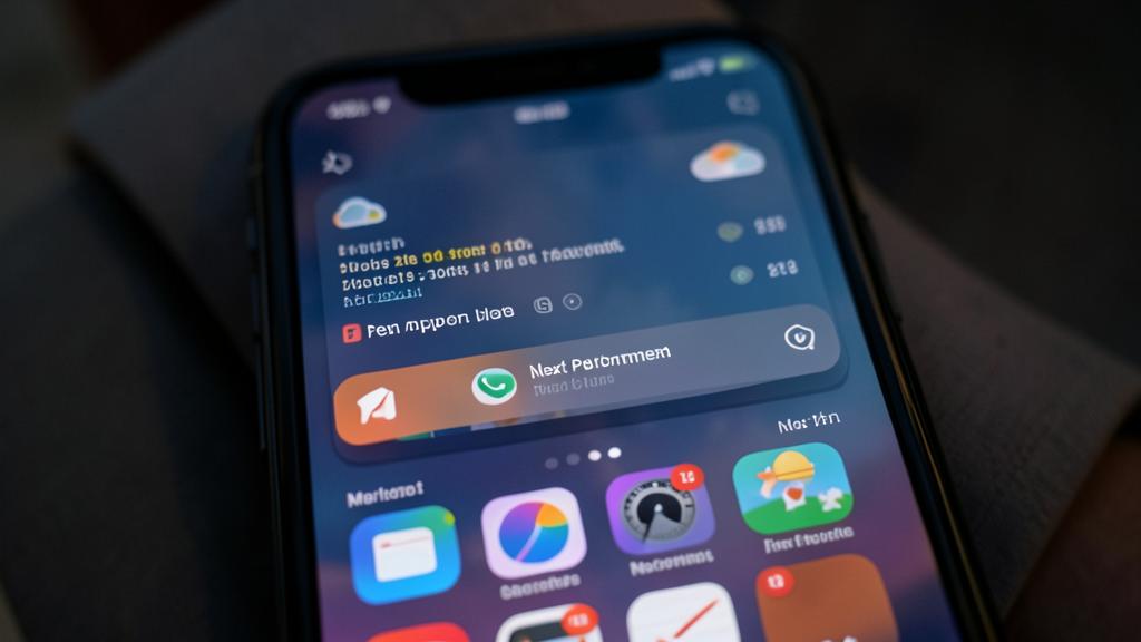 Un écran d'iPhone affichant des widgets météo et une notification WhatsApp parmi d'autres icônes d'applications.