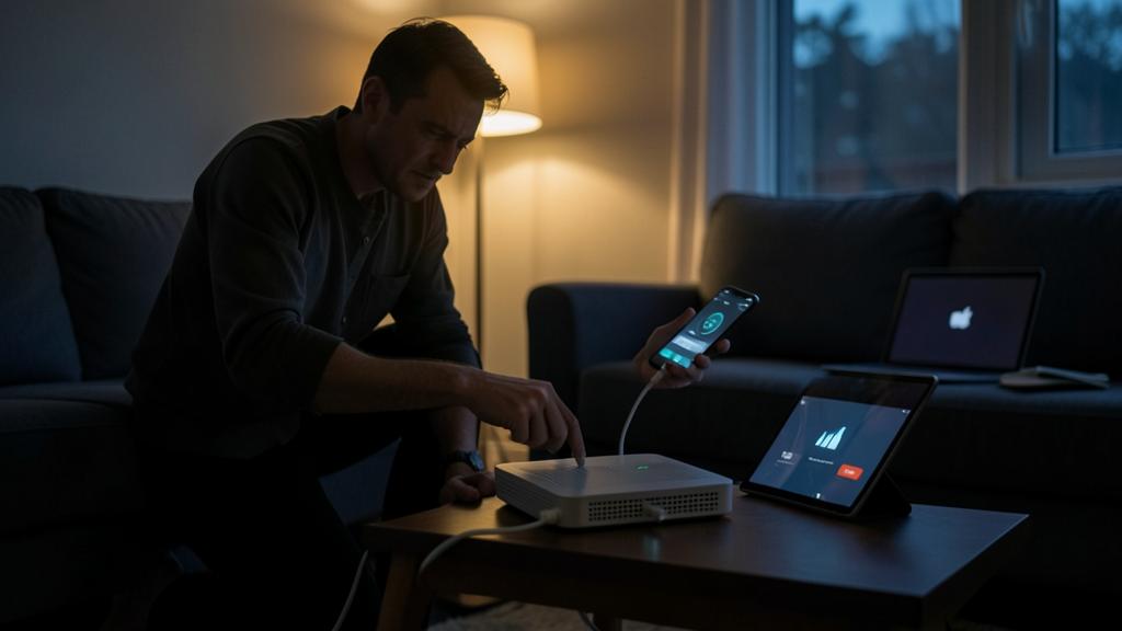 A man adjusts a home internet router while using a smartphone and tablet to monitor the network in a dimly lit living room.