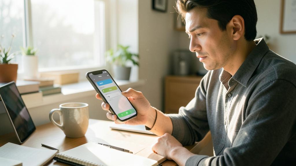 Un homme assis à un bureau utilise son smartphone pour gérer des applications.