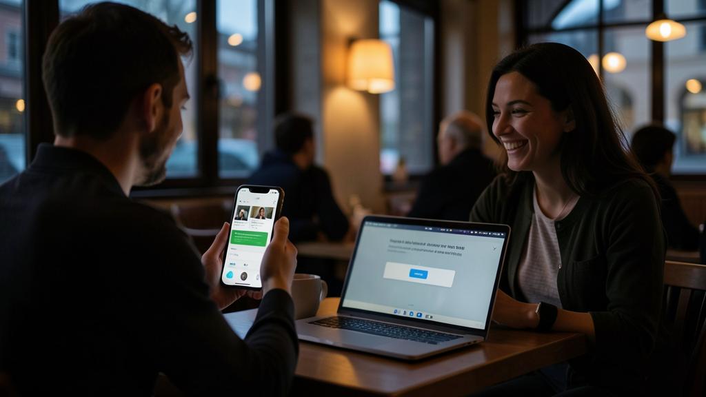 Ein Mann zeigt einer Frau ein Smartphone, während sie einen Laptop mit einer Dateiübertragung betrachtet.