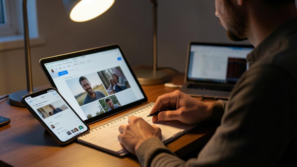 Un homme travaille à un bureau avec un ordinateur portable, un smartphone et un carnet, affichant une application de gestion de photos.