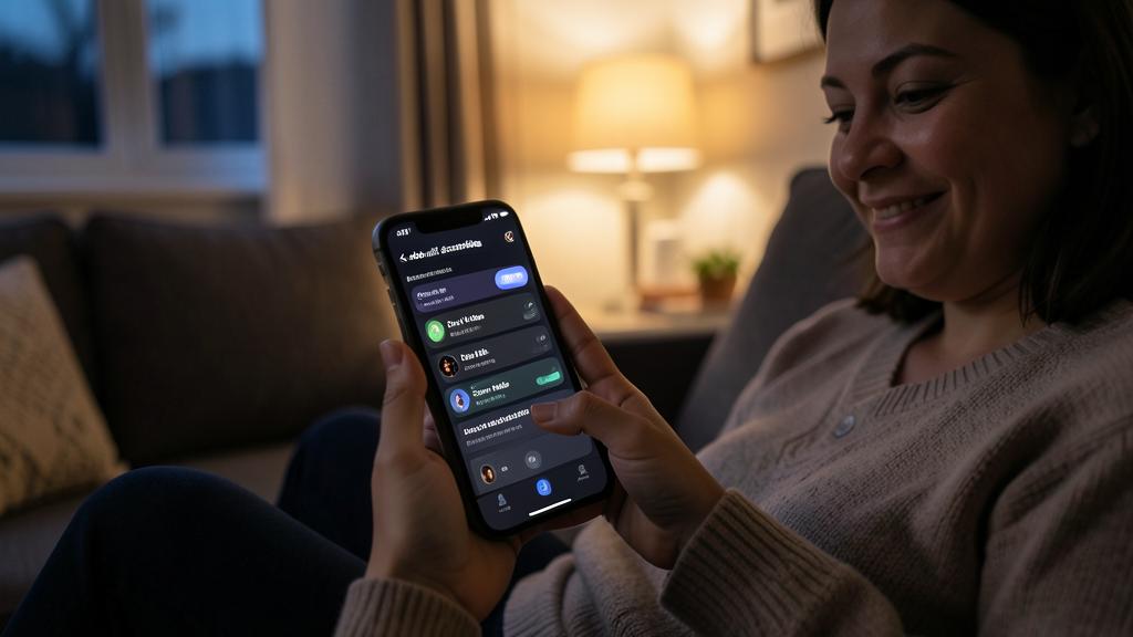 A woman smiles while using her iPhone displaying the Shortcuts app with automation shortcuts.