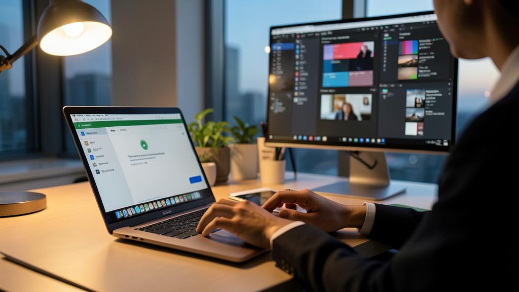Una persona con traje usa un MacBook y un monitor externo con macOS.