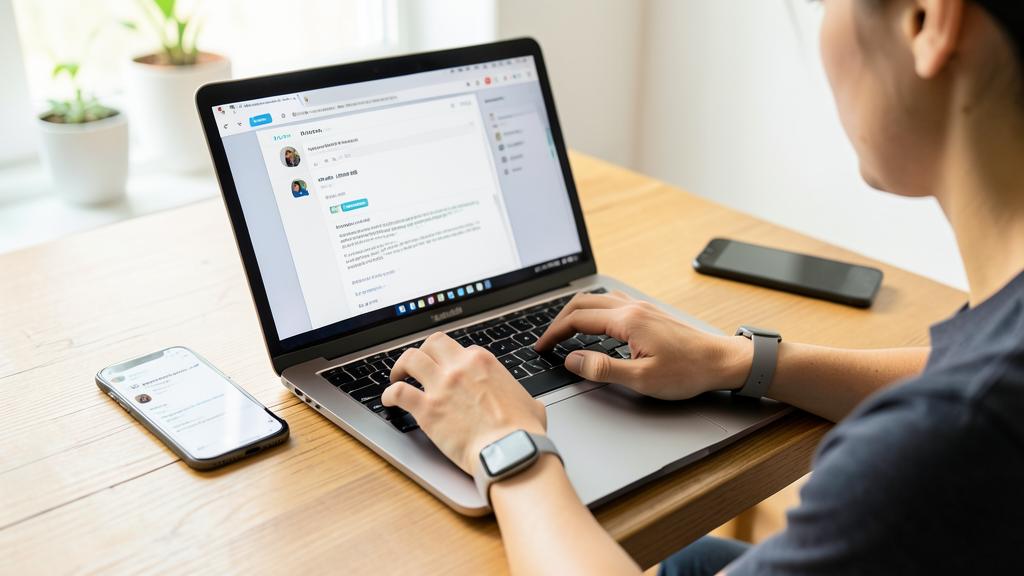 A person is using a laptop with a messaging app open, with two smartphones nearby on a wooden desk.