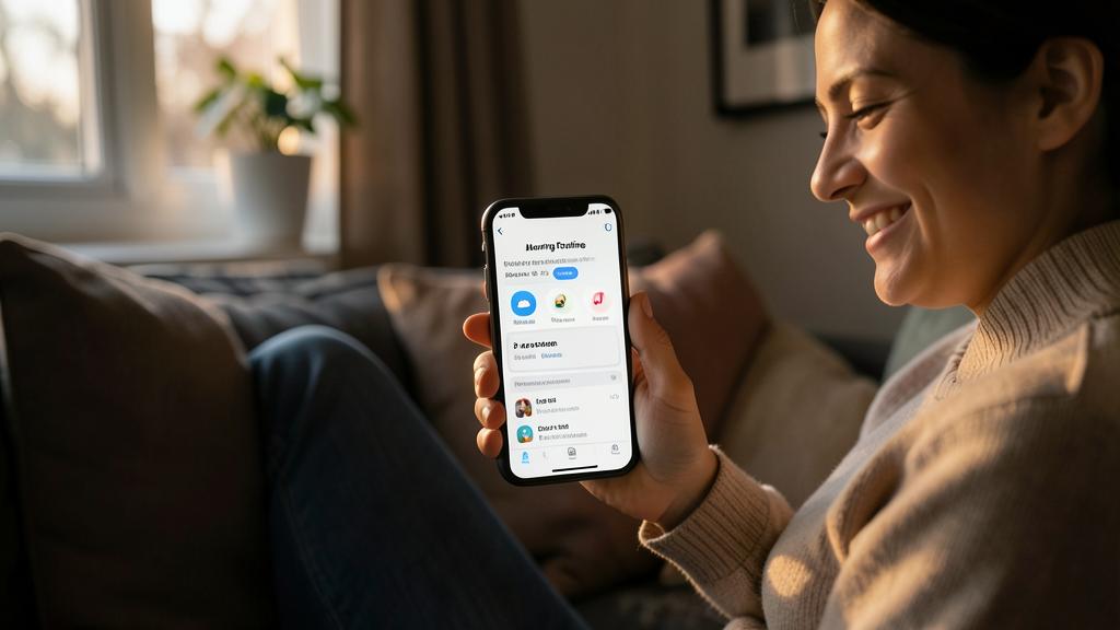 Une femme sourit en utilisant son iPhone affichant l'application Raccourcis avec une automatisation 'Routine du matin'.