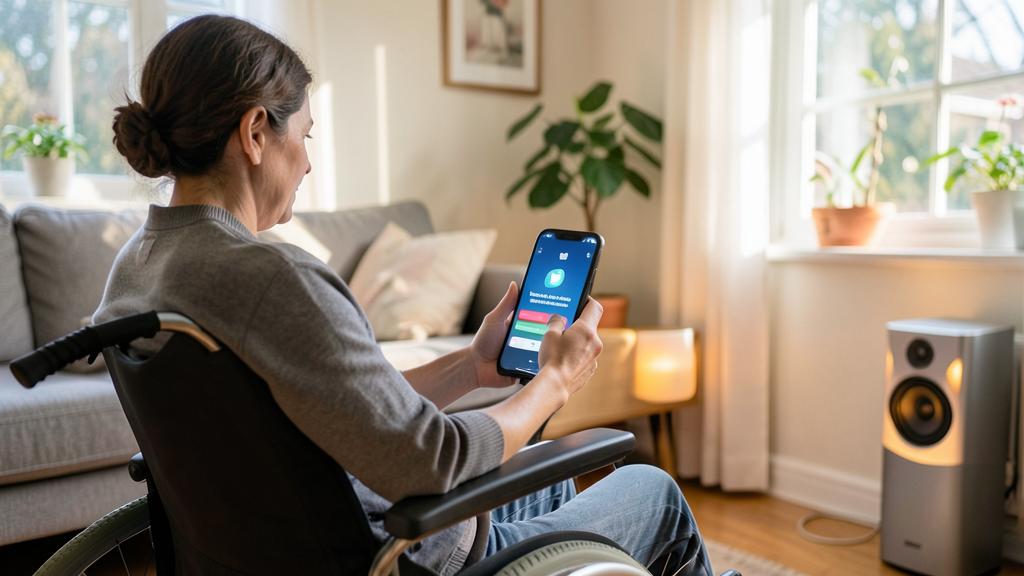 Une femme en fauteuil roulant utilise un smartphone avec une interface d'assistant vocal.