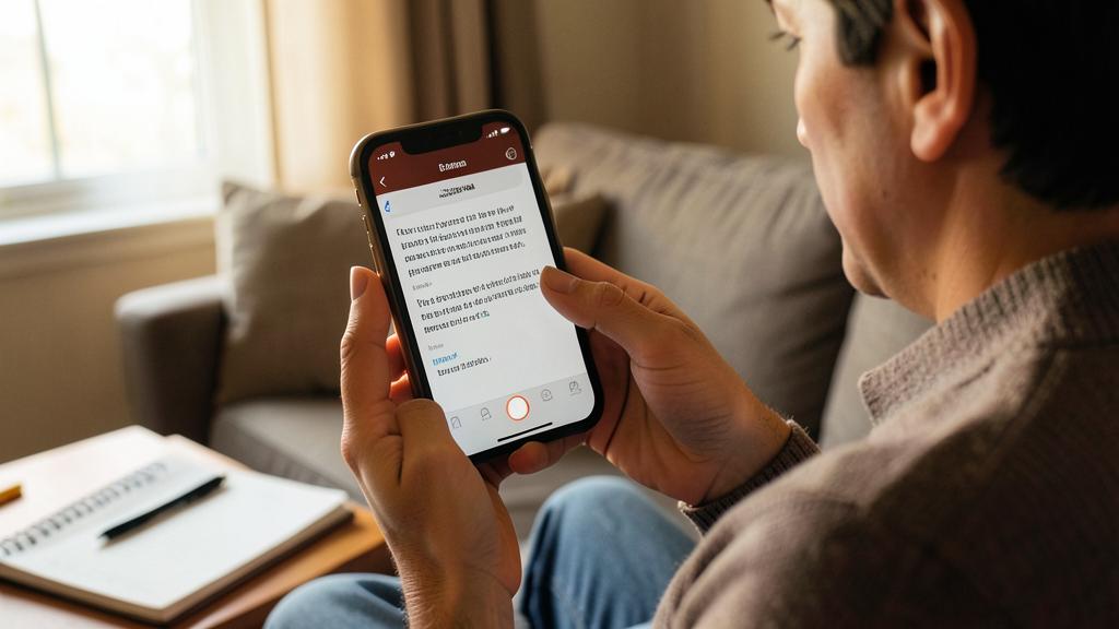 Une personne dicte un texte sur un smartphone, les mots s'affichent à l'écran.