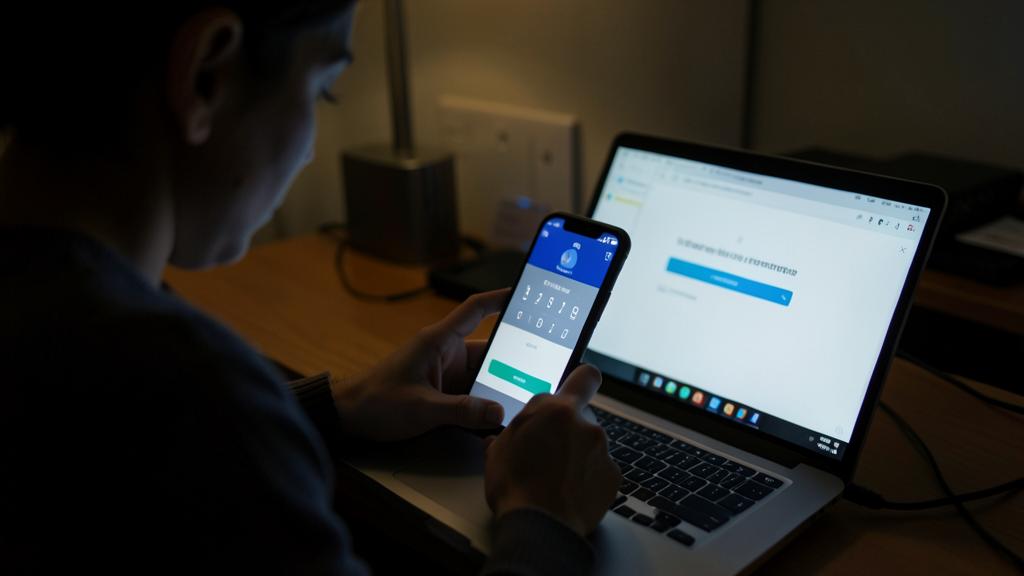 Eine Person gibt einen Code auf einem Laptop mit einem Smartphone ein.