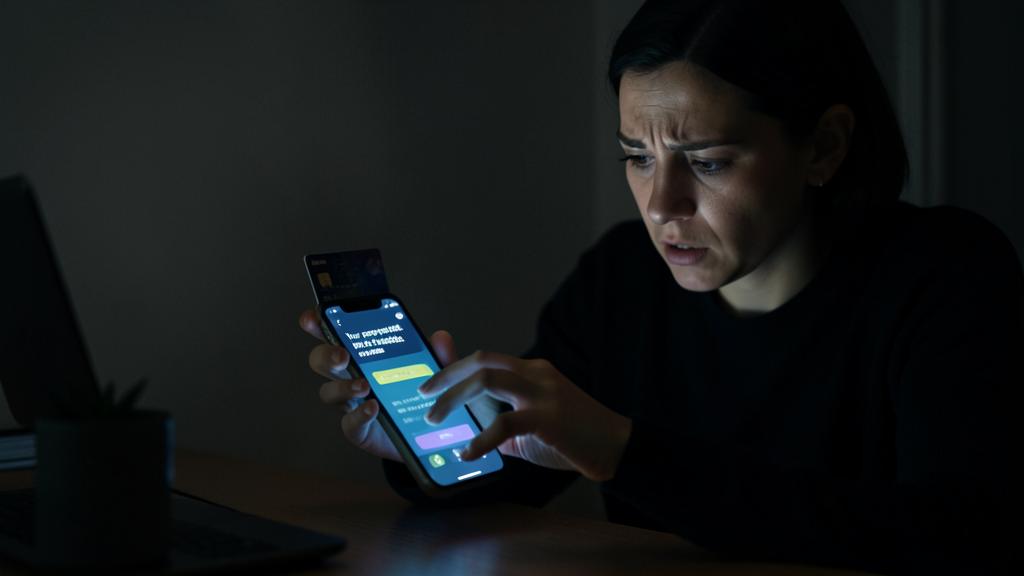 Une femme regarde son smartphone avec une expression inquiète, voyant un message d'alerte frauduleuse.