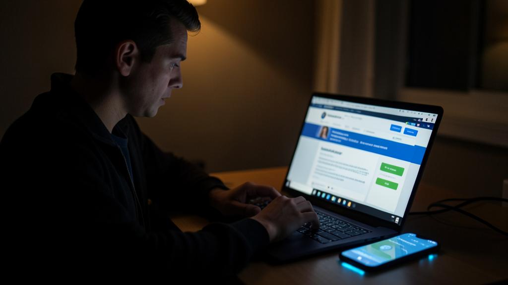 Un hombre usa una computadora portátil y un smartphone en una habitación oscura.