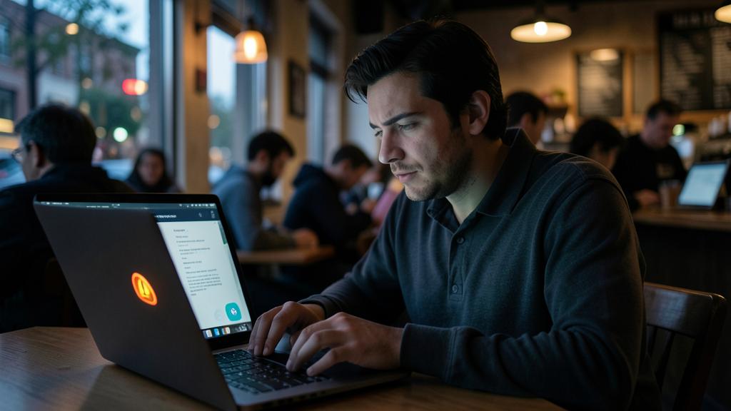 Ein Mann nutzt einen Laptop in einem Café, mit dem Bildschirm, der eine Chat-Oberfläche und ein leuchtendes Logo anzeigt.