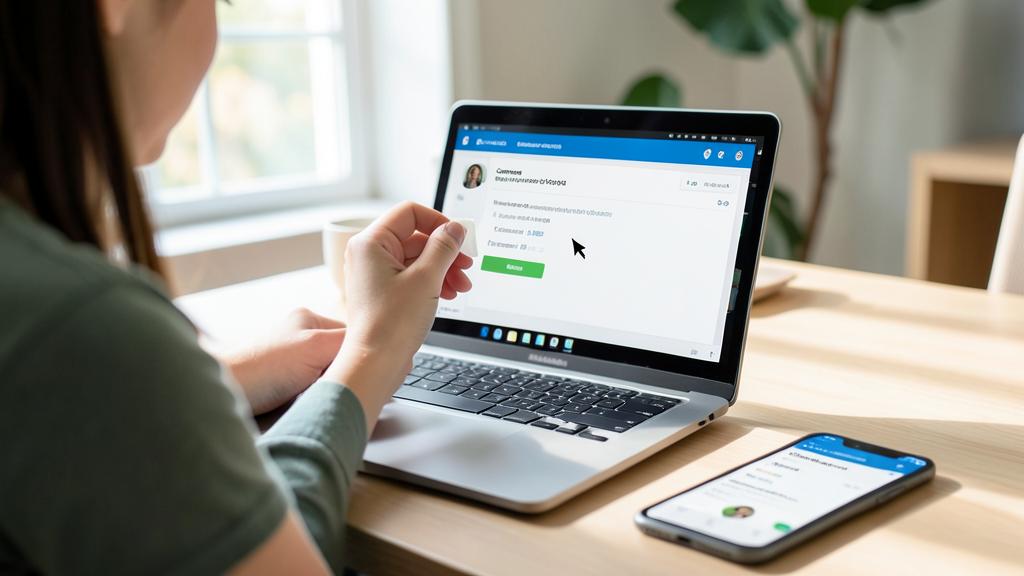 Une personne utilise un ordinateur portable et un smartphone avec des applications de visioconférence.