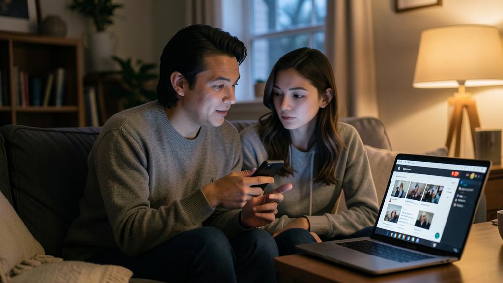 Un homme et une femme regardent un smartphone et un ordinateur affichant un réseau social.