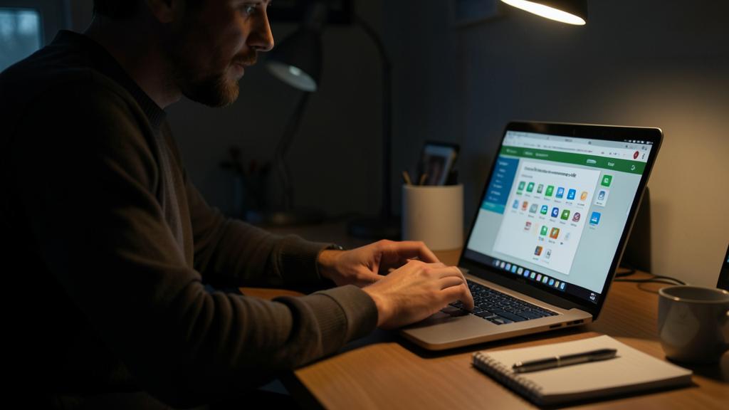 Ein Mann nutzt einen Laptop in einem schwach beleuchteten Raum, mit dem Bildschirm, der eine Passwort-Manager-Oberfläche anzeigt.
