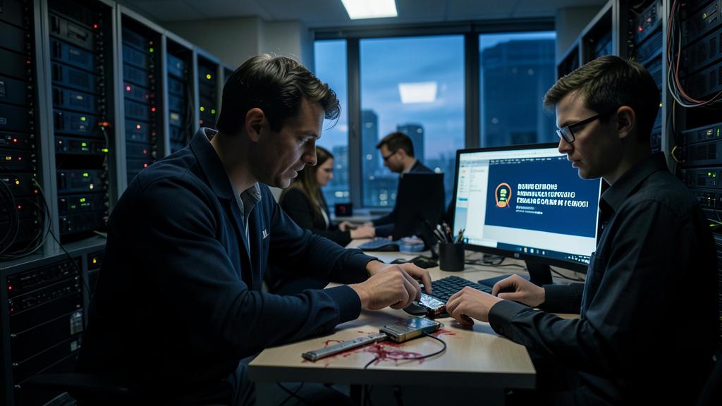 Zwei Männer arbeiten in einem Serverraum, mit einem Bildschirm, der eine Ransomware-Nachricht anzeigt, und Blut auf dem Tisch.