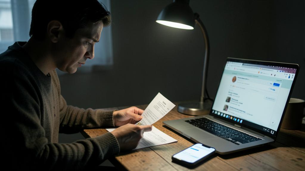 Un homme assis à un bureau examine un document, éclairé par une lampe, avec un ordinateur et un smartphone à proximité.