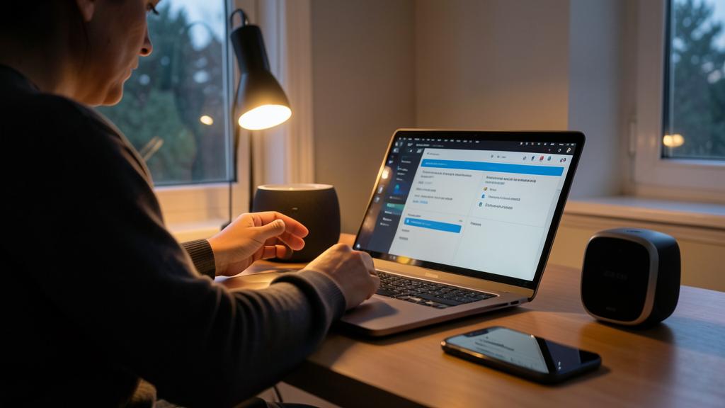Une personne utilise un ordinateur portable dans une pièce faiblement éclairée, entourée d'un smartphone et d'enceintes connectées.