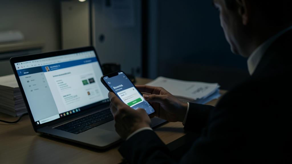 Un homme en costume utilise un smartphone et un ordinateur dans une pièce faiblement éclairée.