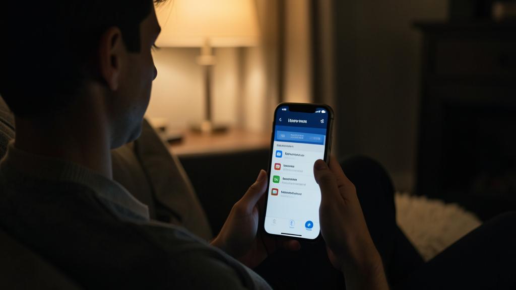 Una persona revisa los permisos de una aplicación en su smartphone en una habitación poco iluminada.