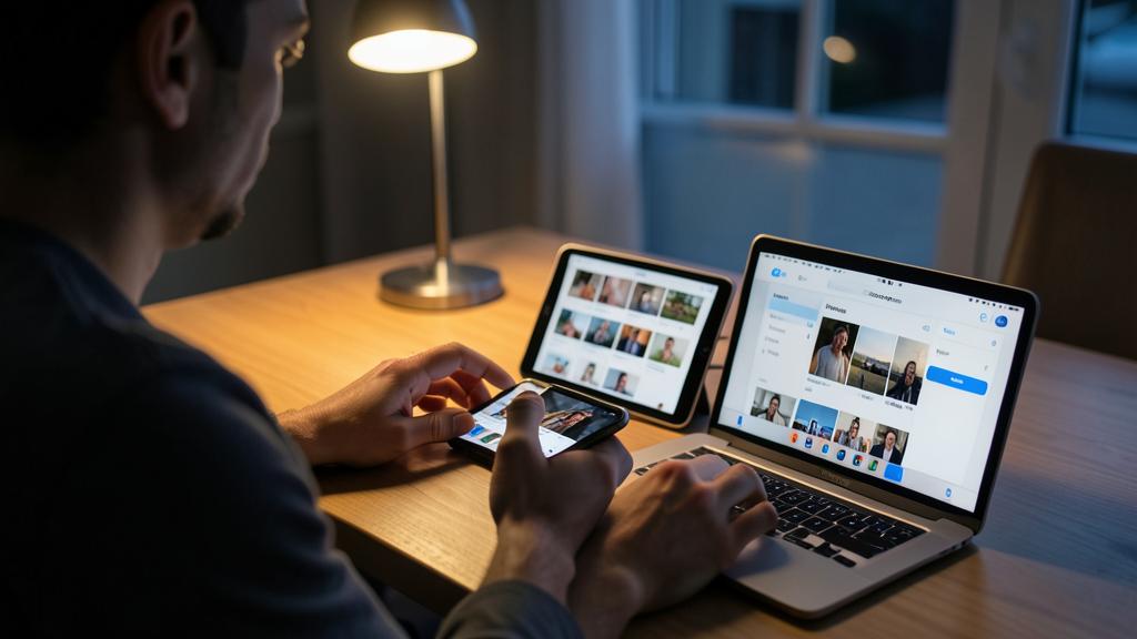 Une personne utilise un ordinateur, une tablette et un smartphone affichant une galerie photo synchronisée.