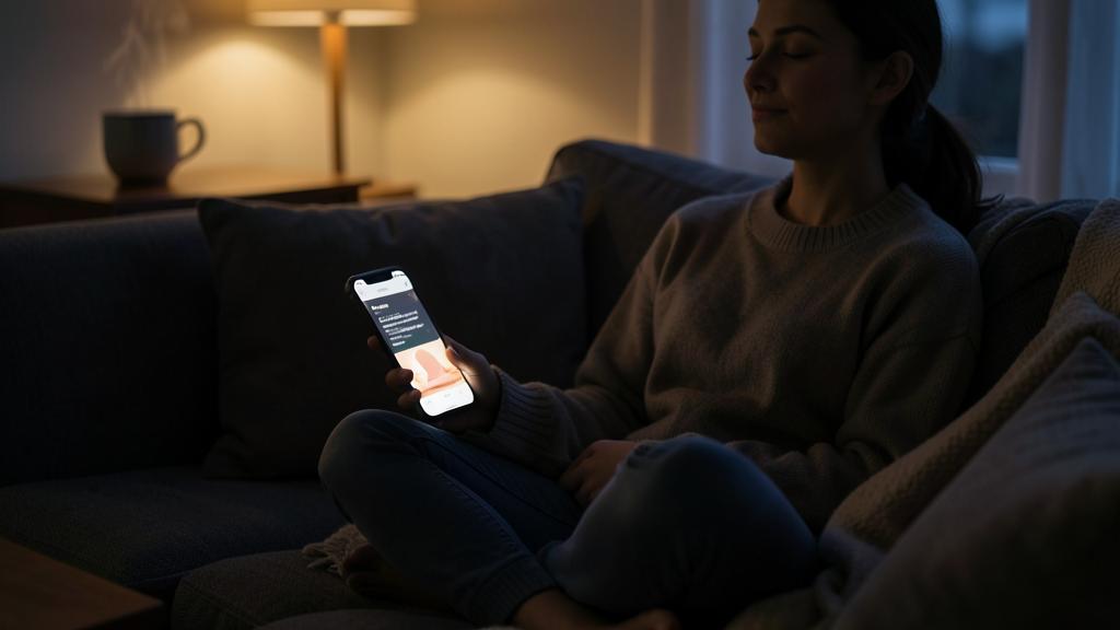 Une femme assise sur un canapé regarde son smartphone affichant une application de méditation.