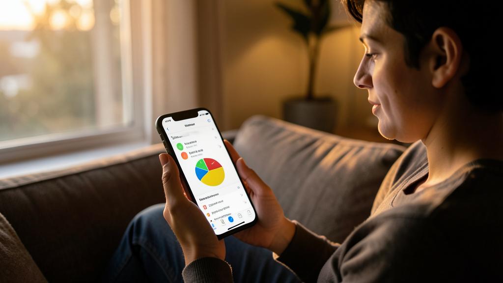 Une personne utilise une appli de budget sur son smartphone, affichant un graphique en camembert.