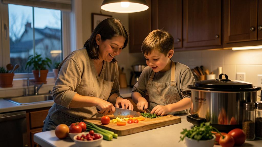 Eine Frau und ein junger Junge lächeln, während sie gemeinsam in einer Küche kochen.