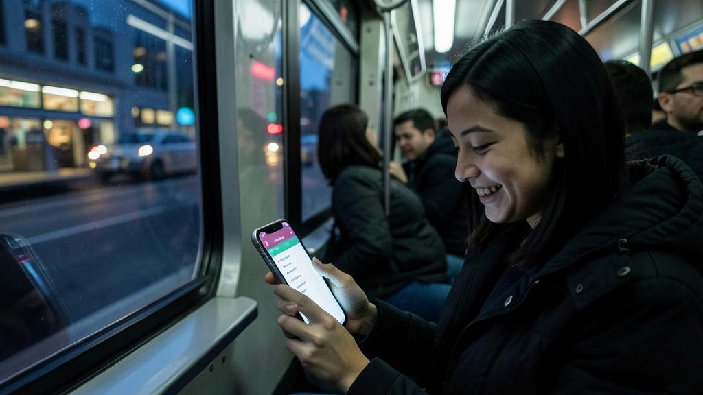 Una joven sonríe mientras usa una app de aprendizaje de idiomas en su smartphone en el transporte público.