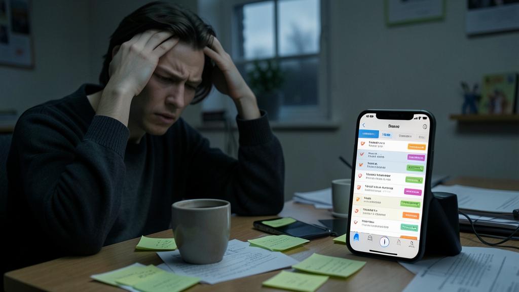 Ein gestresster Mann sitzt an einem unordentlichen Schreibtisch mit einem Smartphone, das eine Aufgabenmanagement-App anzeigt.