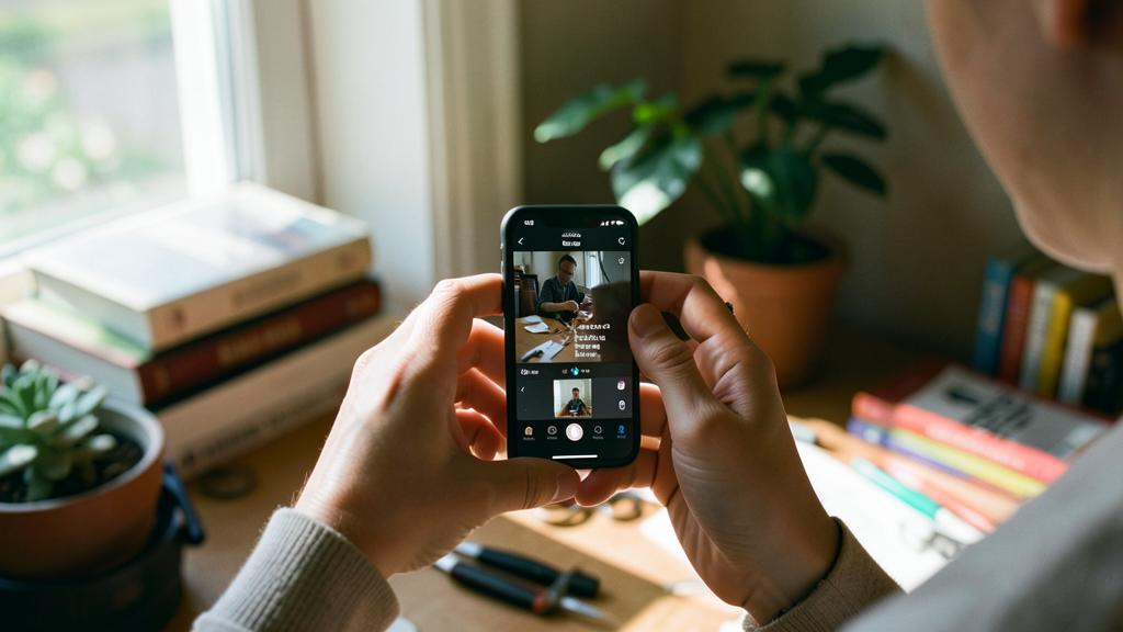 Une personne utilise une application de montage vidéo sur smartphone pour créer une vidéo courte.