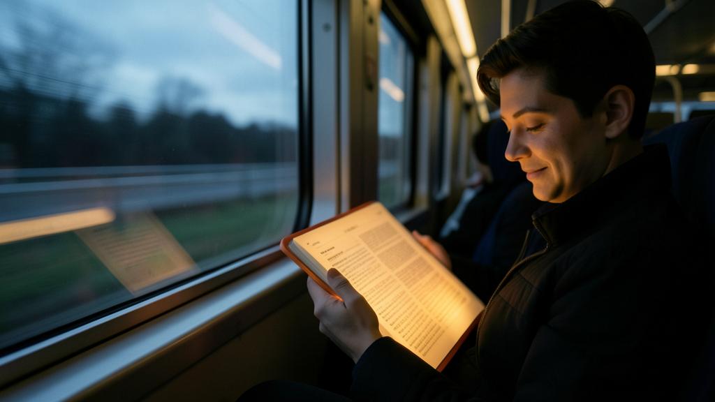 Un joven lee un libro iluminado por una luz cálida en un tren, con un paisaje borroso visible a través de la ventana.