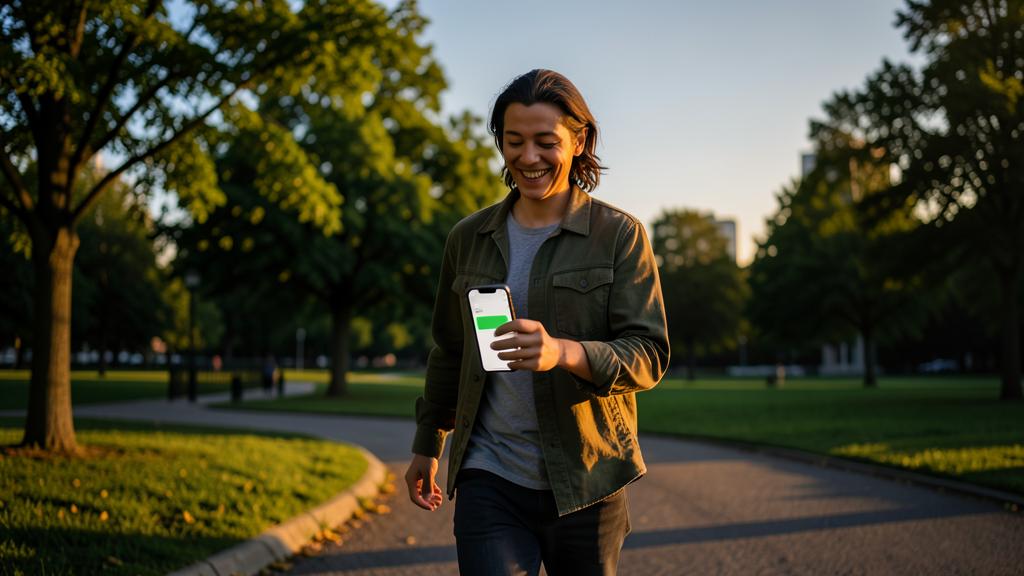 Ein Mann geht im Park und schaut auf sein Smartphone mit einer grünen Fortschrittsleiste.