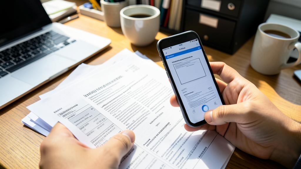 Une personne utilise un smartphone pour scanner un document sur un bureau avec un ordinateur portable et des tasses de café.