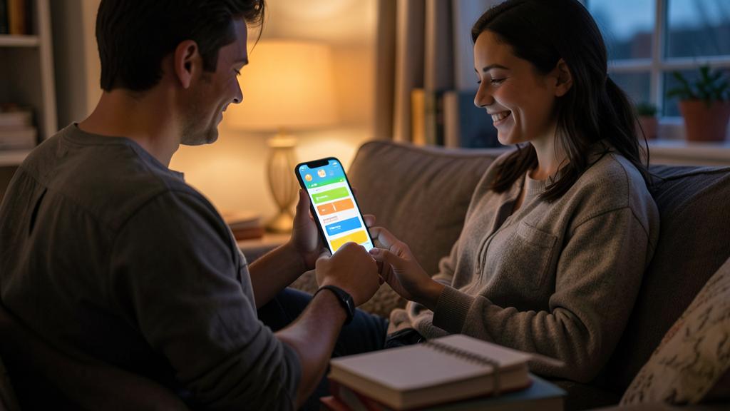 Un homme et une femme sourient en regardant un smartphone affichant une application éducative colorée.