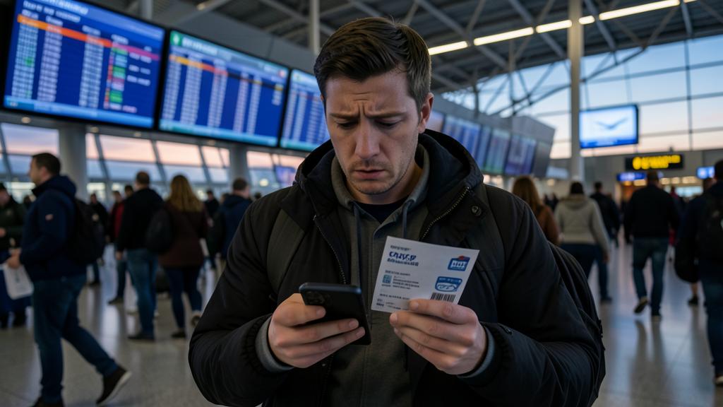 Un hombre en una terminal de aeropuerto mira su teléfono con preocupación mientras sostiene un pase de embarque.