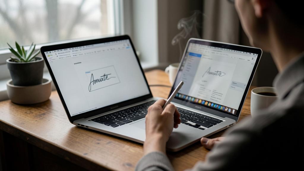 Une personne signe un document sur un MacBook avec un stylet, tandis qu'un autre MacBook affiche la signature.